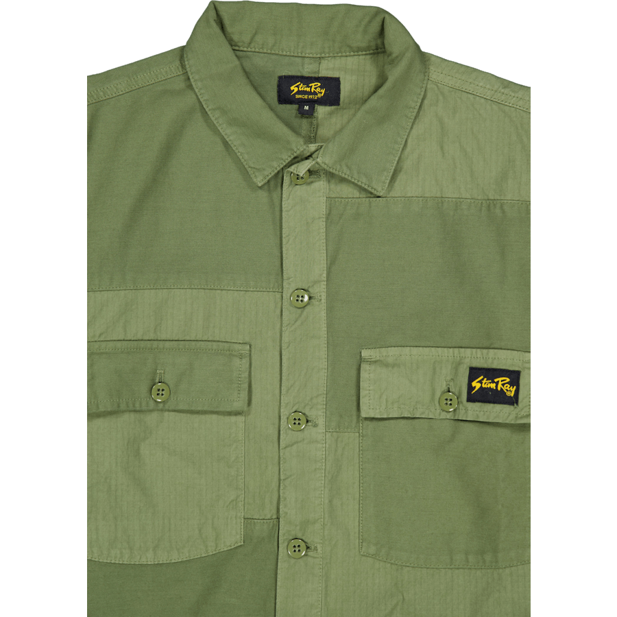 Chemise CPO en mélange de satin olive et de ripstop