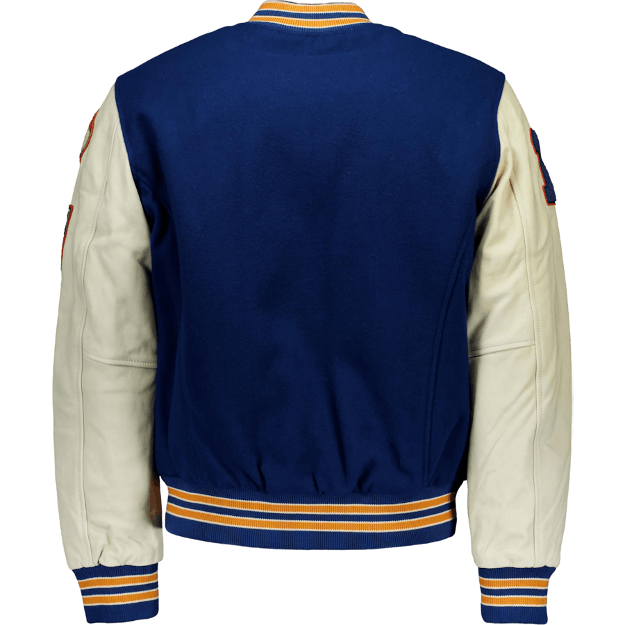 Teddy Laine/cuir Badges Schott Bleu/blanc cassé