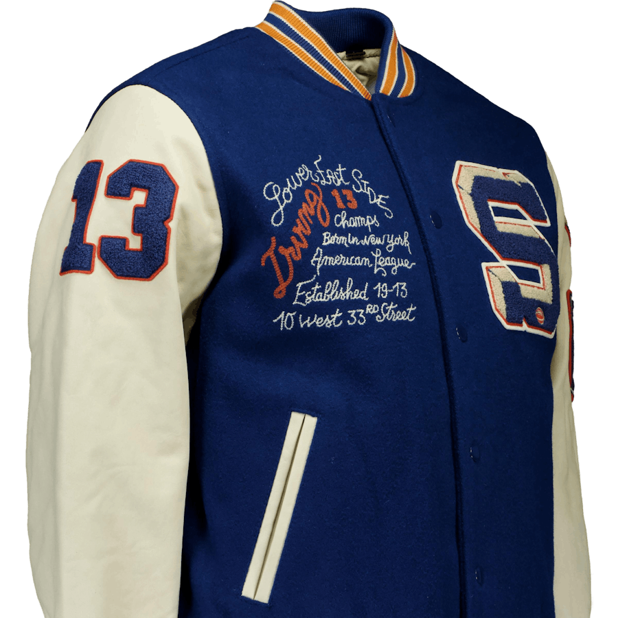 Teddy Laine/cuir Badges Schott Bleu/blanc cassé