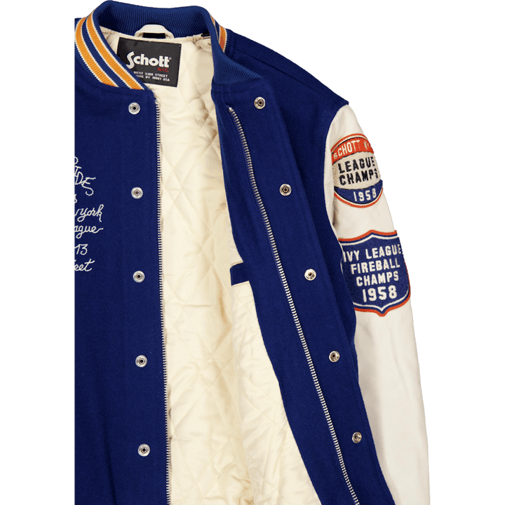 Teddy Laine/cuir Badges Schott Bleu/blanc cassé