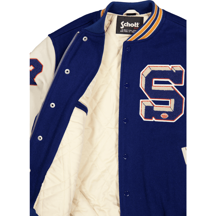 Teddy Laine/cuir Badges Schott Bleu/blanc cassé