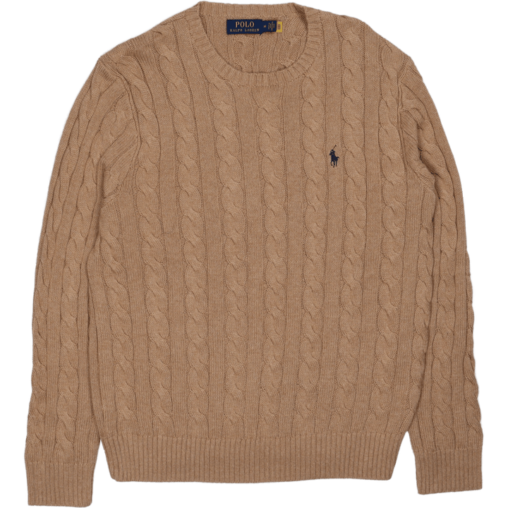 Kabelgebreide Katoenen Trui Camel Melange