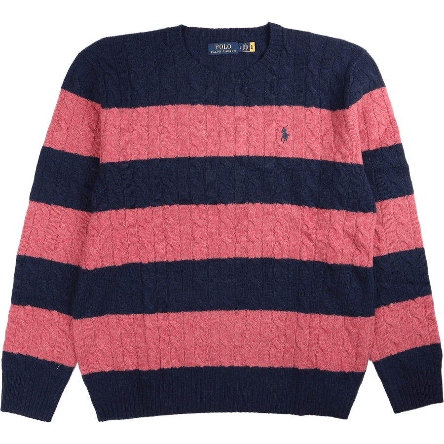 Striped Cable-Knit Wool-Cashmere Sweater Spring Navy Hthr/Rosebud Hthr