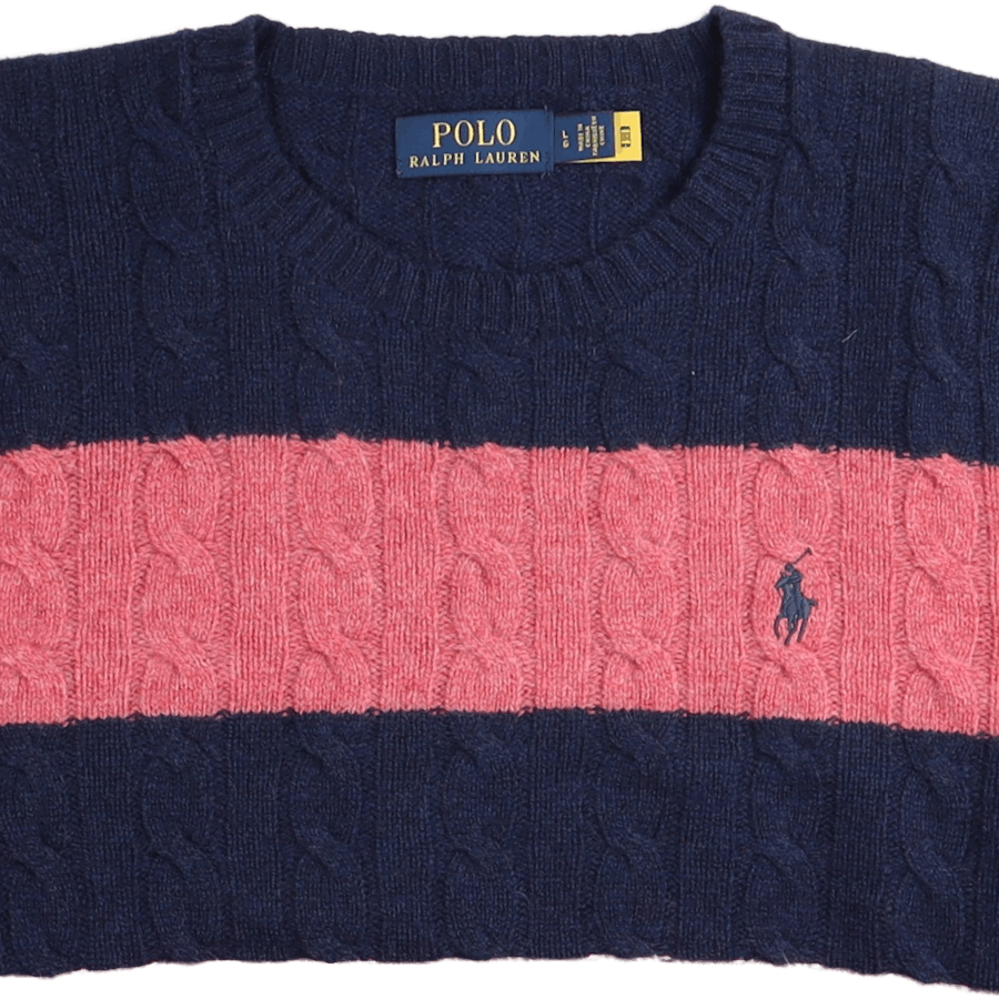 Striped Cable-Knit Wool-Cashmere Sweater Spring Navy Hthr/Rosebud Hthr