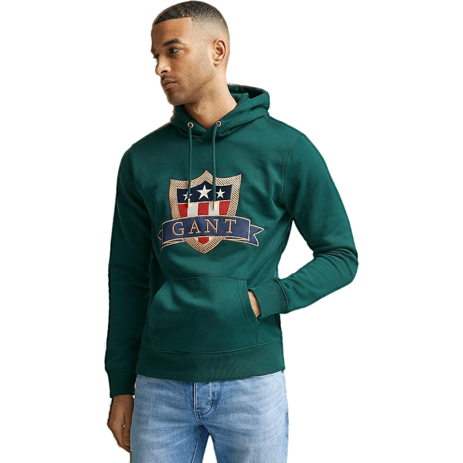 D1. Gant Banner Shield Hoodie Tartan Green