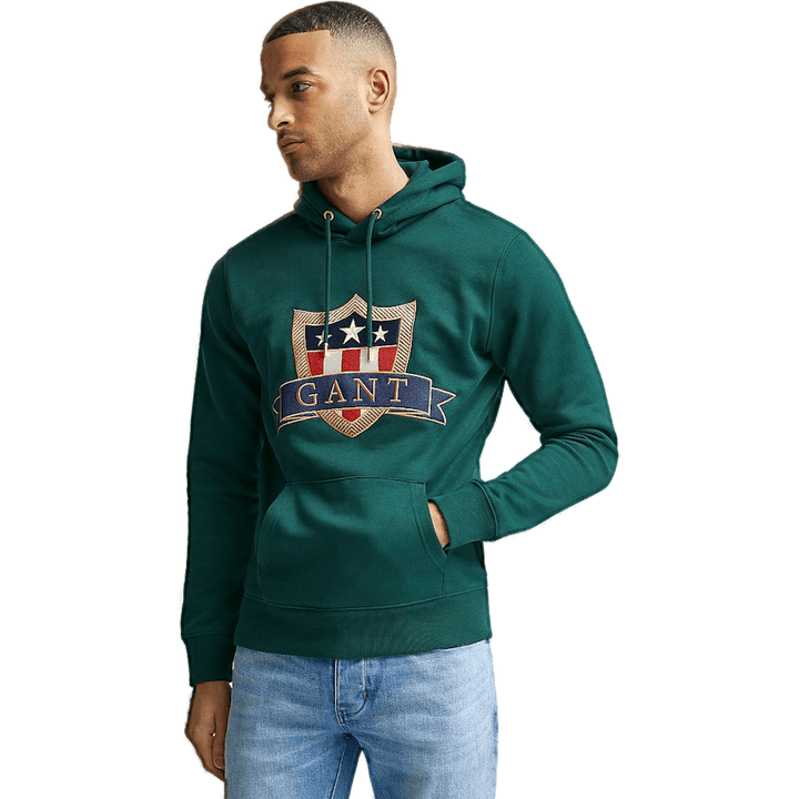 D1. Gant Banner Shield Hoodie Tartan Green
