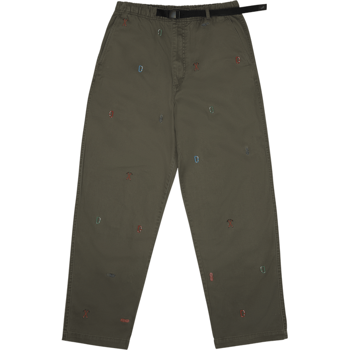 Pantalon de randonnée en sergé coupe décontractée, couleur sauge foncé avec logo d'escalade Aoe