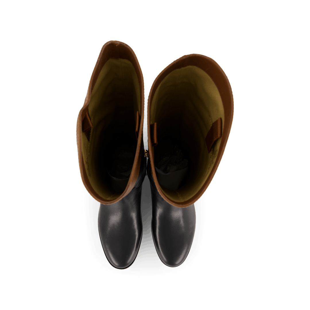 Justine Burnished Leather Riding Boot Black/Deep Saddle Tan