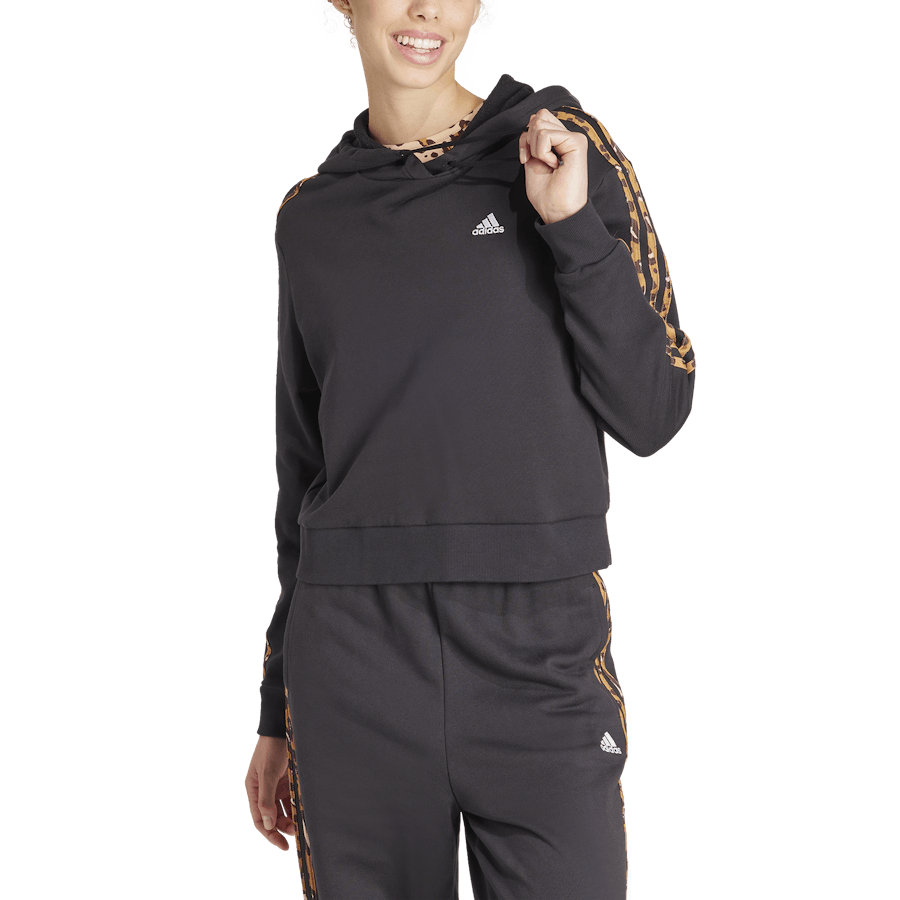 Essentials Felpa con cappuccio rilassata a 3 strisce con stampa animale Nero / Magic Beige