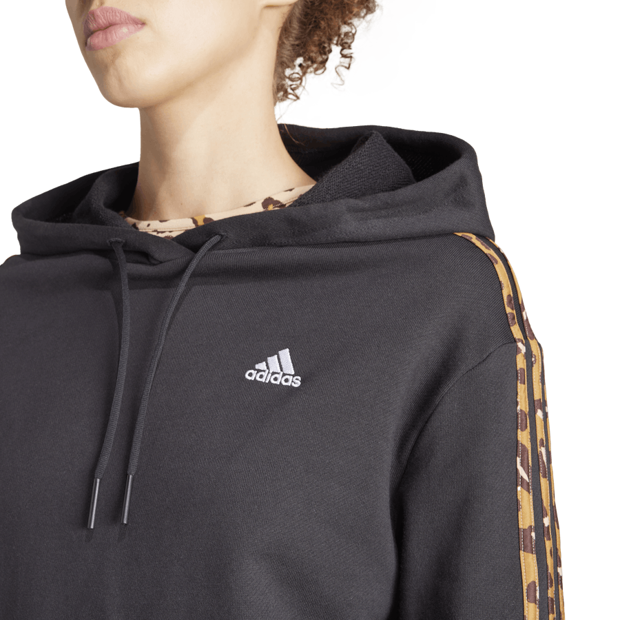 Essentials Felpa con cappuccio rilassata a 3 strisce con stampa animale Nero / Magic Beige